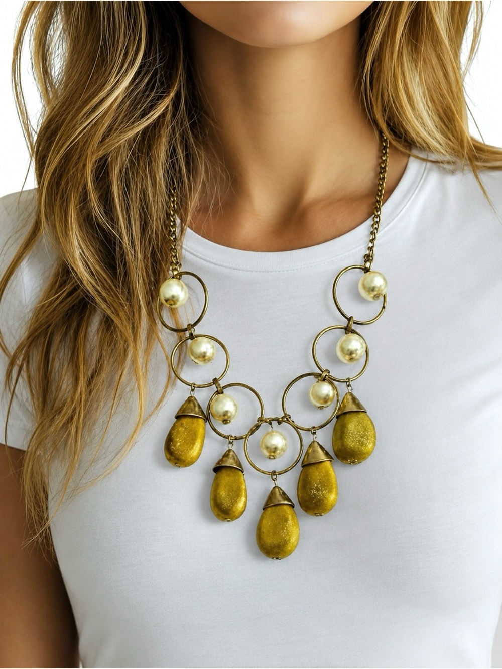 Vintage Artisan Necklace Brass Rings Speckled Stone Drops Faux Pearl Statement